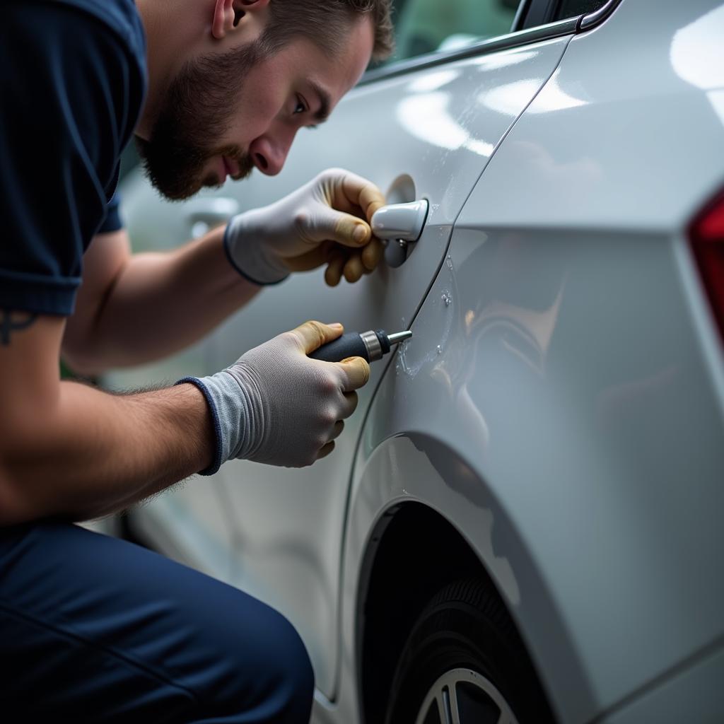 Car body repair in Grays showing dent removal process