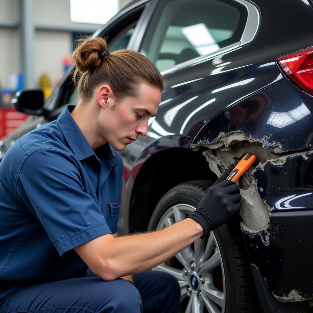 Mechanic assessing car body damage in Hawkinge