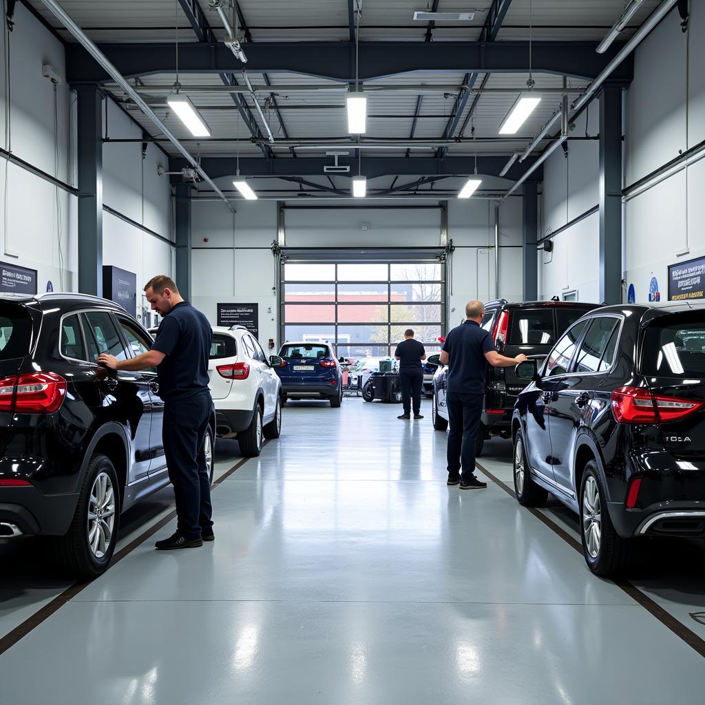 Car body repair shop in Hillington, Glasgow showcasing modern equipment and skilled technicians.