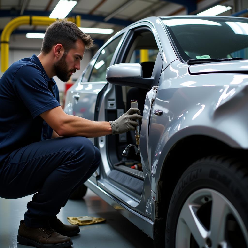 Car body repair work being carried out in a professional workshop.