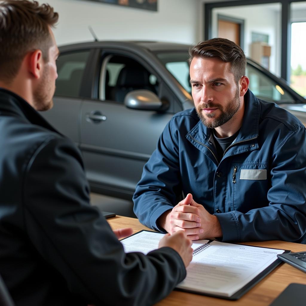 Mechanic discussing salary and benefits with employer