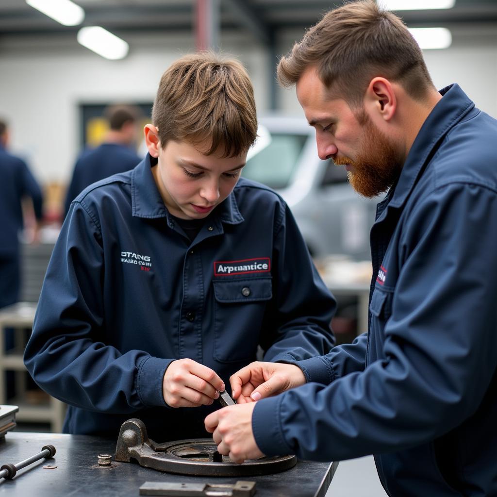 A young apprentice learning car body repair skills in a West Midlands workshop