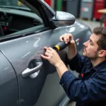 Car body repair in Lancashire: Dent removal process on a damaged vehicle