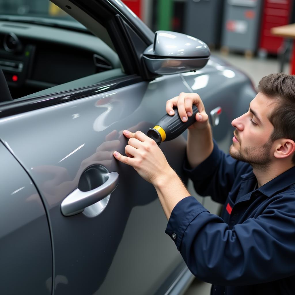 Car body repair in Lancashire: Dent removal process on a damaged vehicle