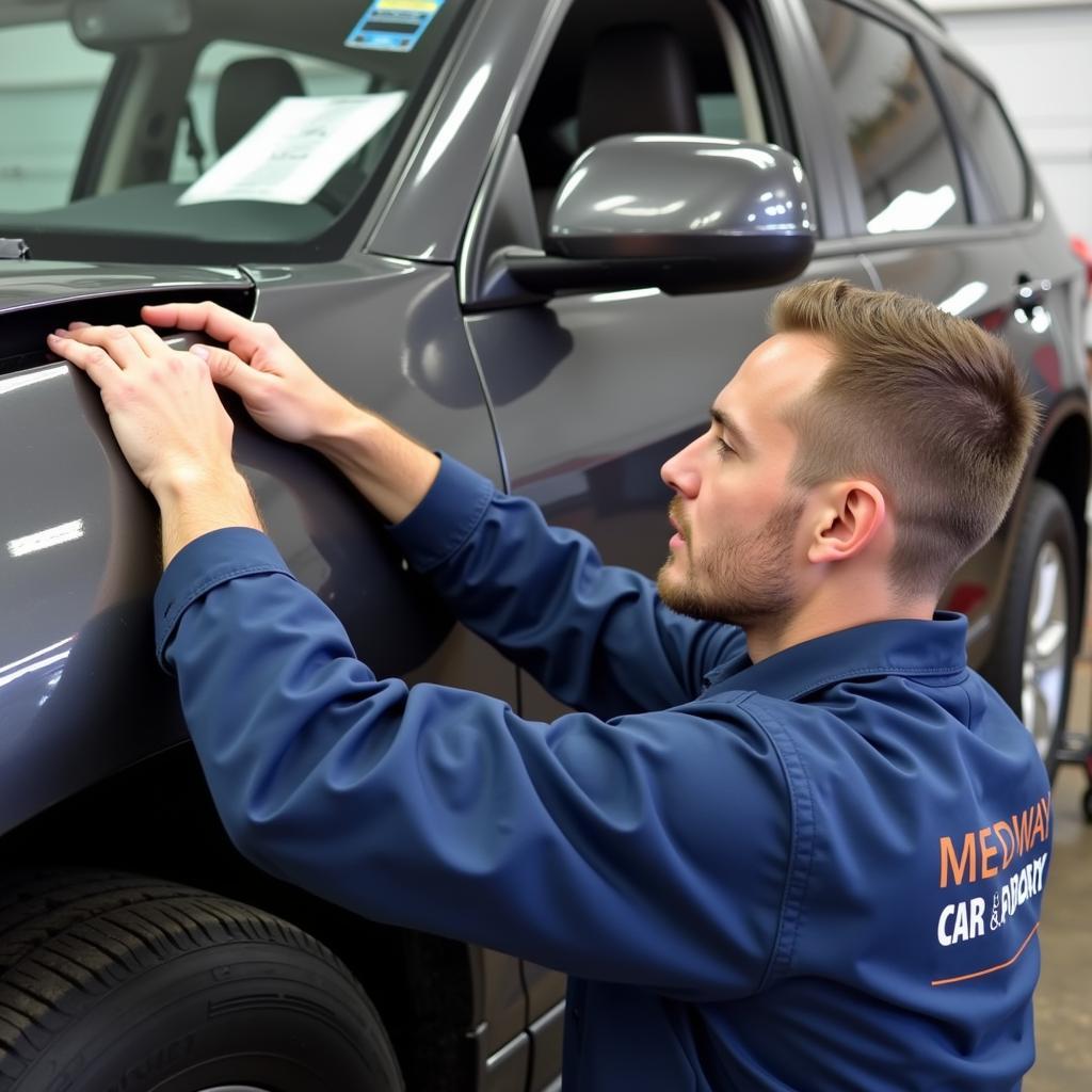 Final inspection of car body repair in Medway.