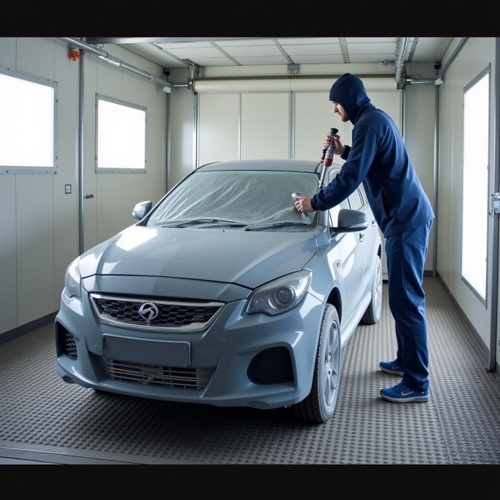 Car undergoing paint application in a Middlesbrough body shop