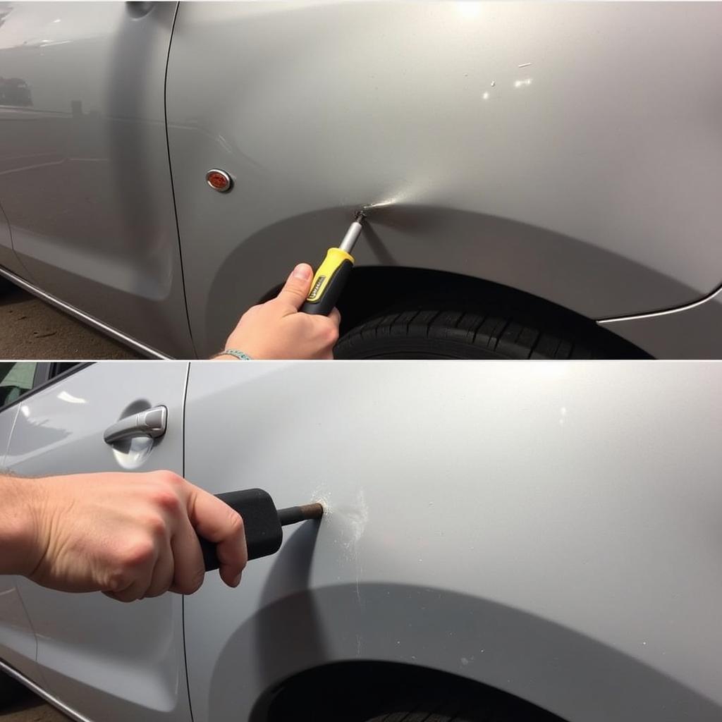 Car body repair in Newquay showing dent removal process