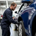 Mechanic undergoing training for car body repair in North Wales