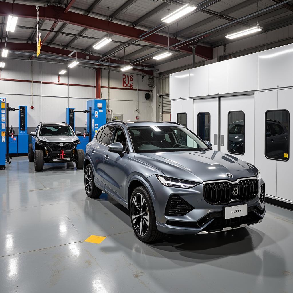 Modern equipment in a car body repair shop in Oldham