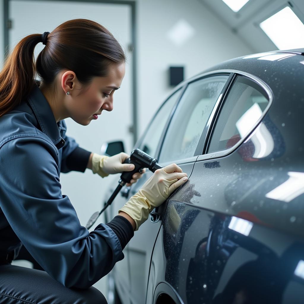 Applying paint to a repaired car in a Derby car body repair shop