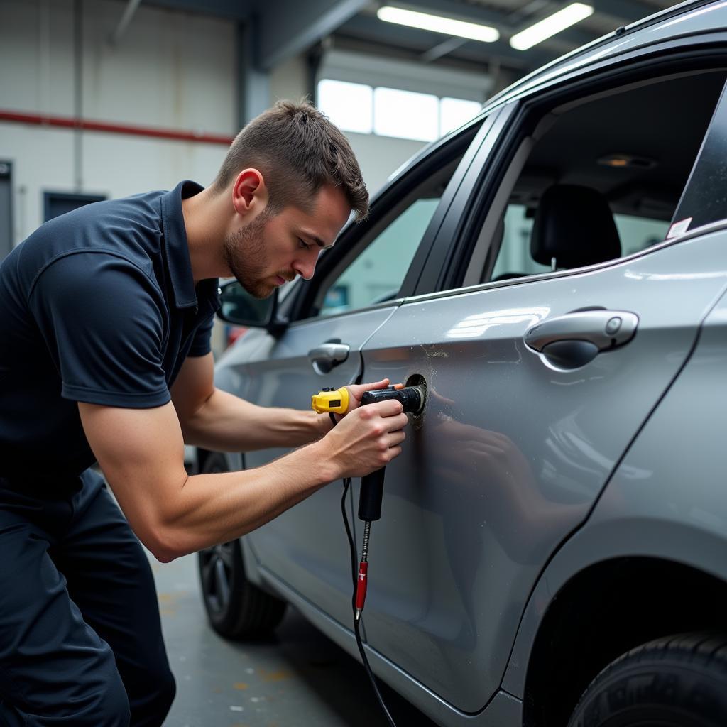 Technician repairing car body damage in North West