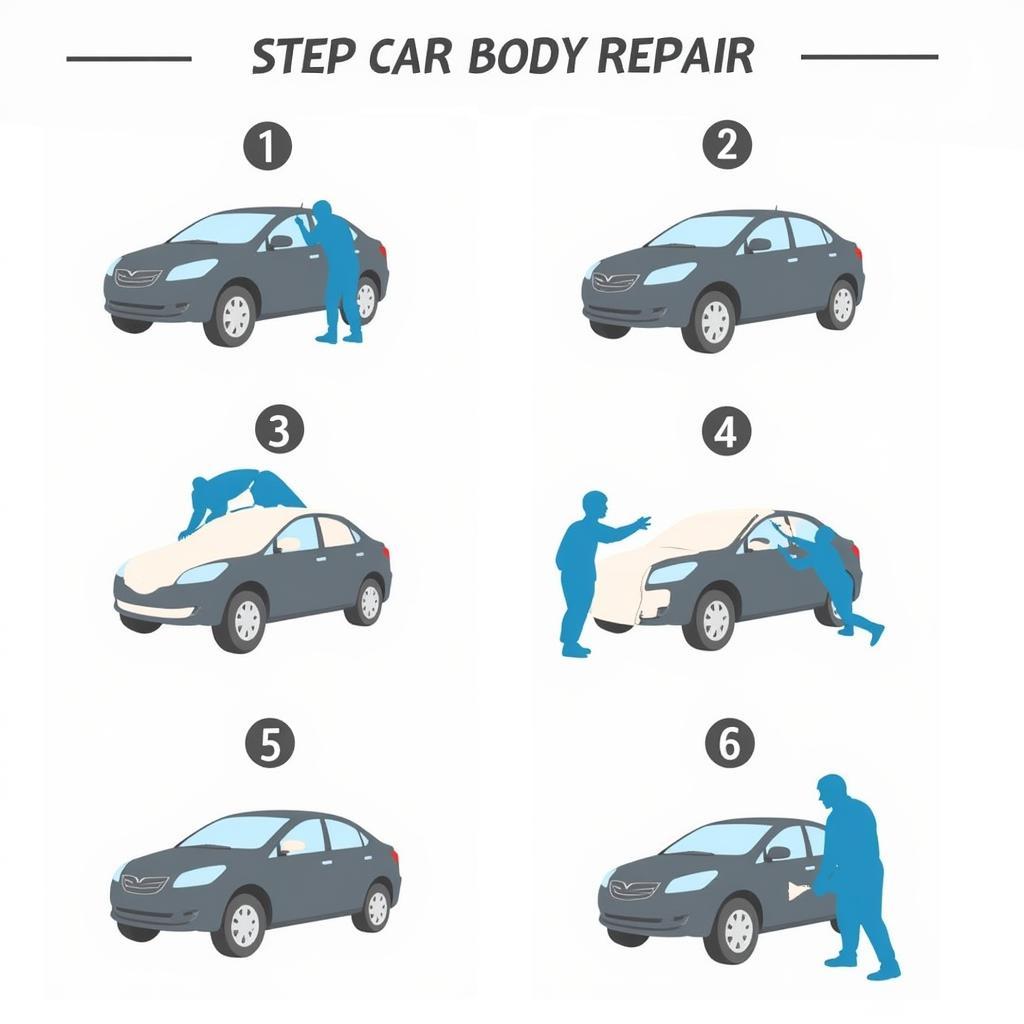 Stages of car body repair process, from damage assessment to final painting.