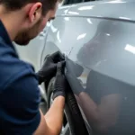 Car body repair in Reigate: Dent removal process on a silver sedan.