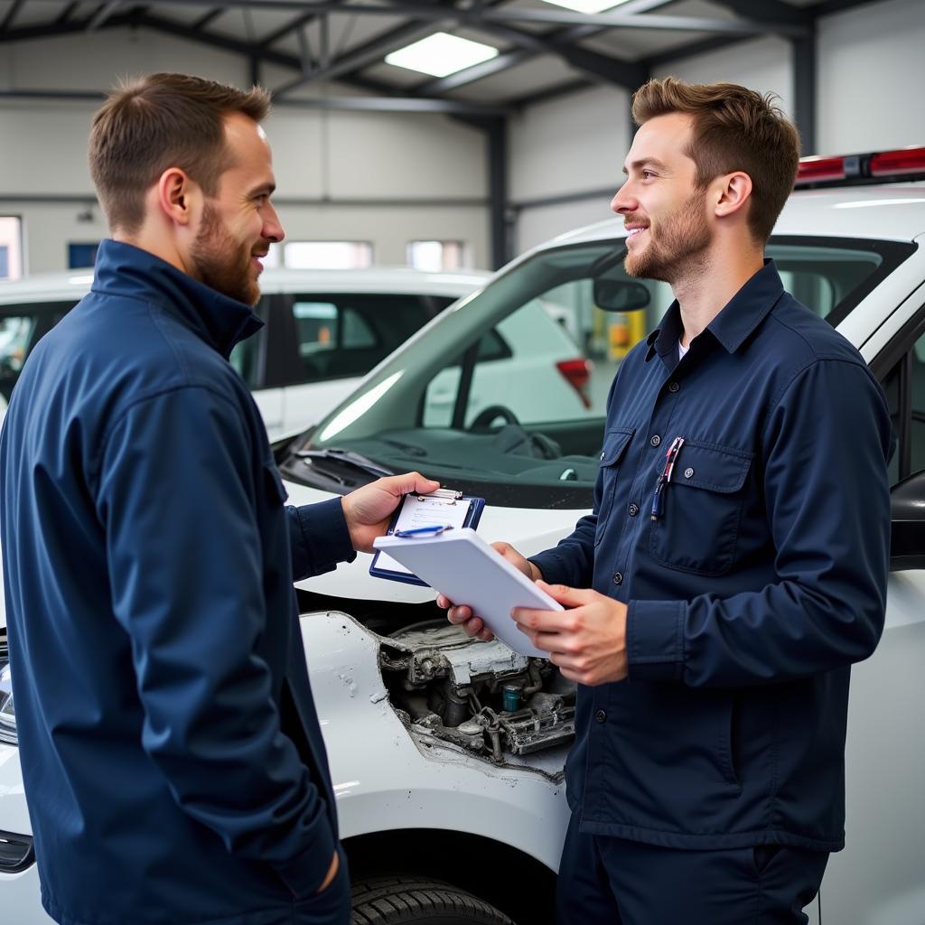 Technician providing a car body repair estimate in Rugby