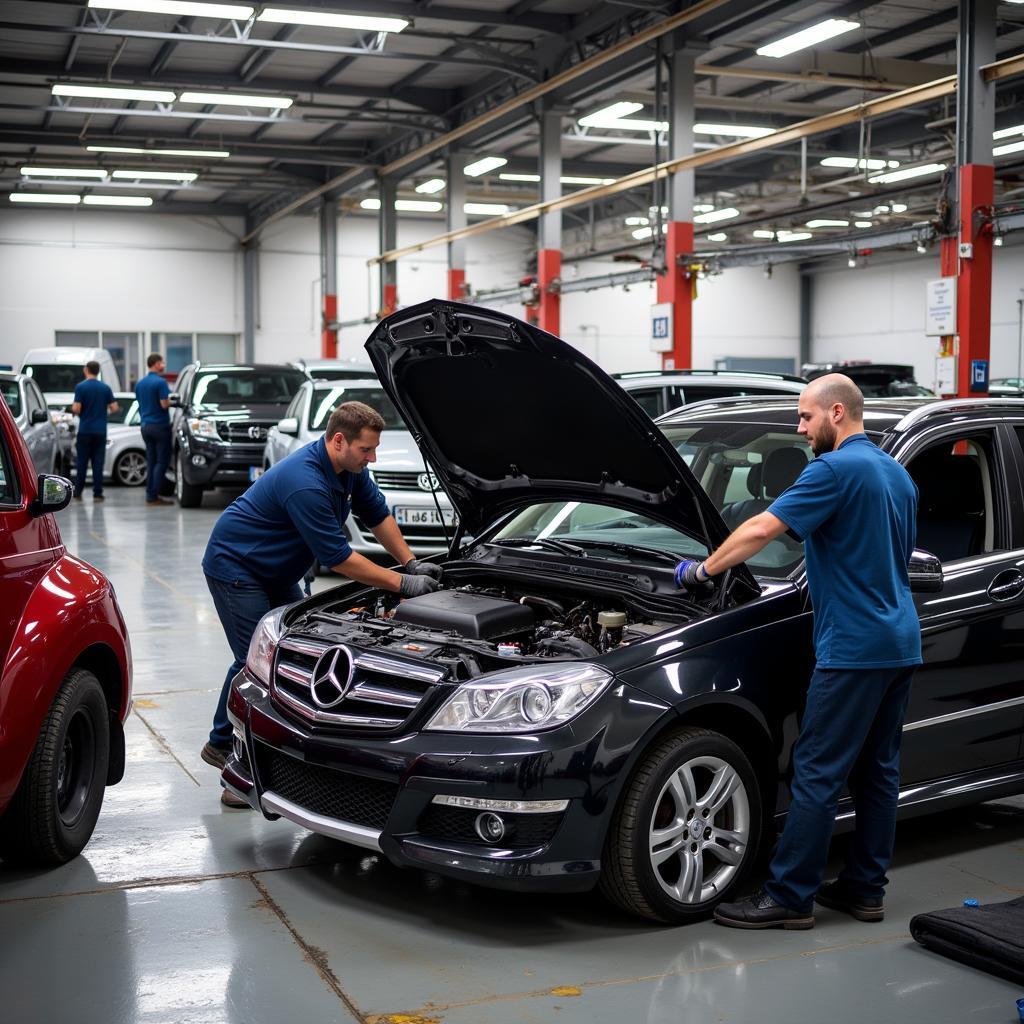 Car body repair workshop in Rugby showing technicians working on a damaged vehicle