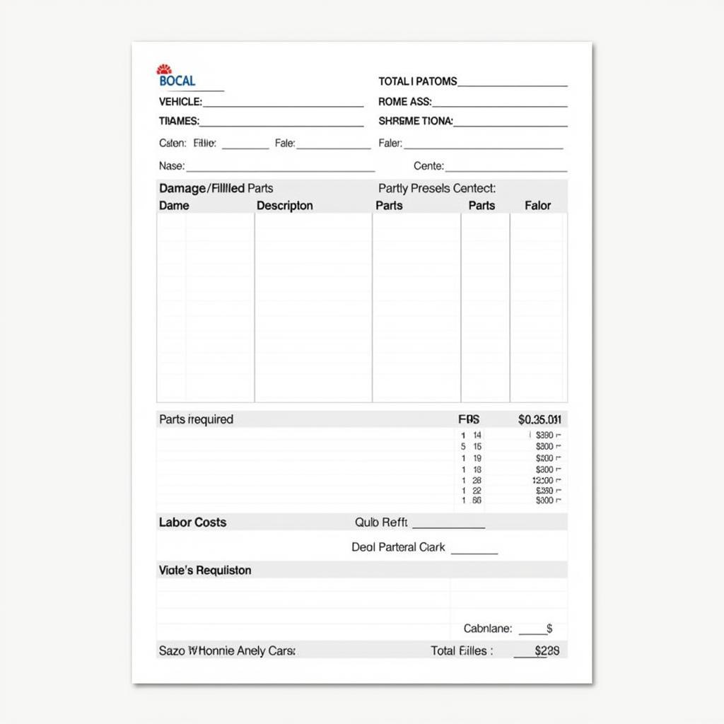 Example of a Car Body Repair Sheet Template