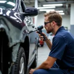 Car body repair shop in Abbots Langley: Technician inspecting vehicle damage