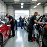 Car body repair shop in Aldershot with technicians working on a damaged vehicle.