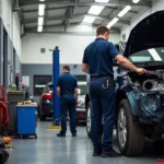 Car Body Repair Shop in Altens, Aberdeen Showing a Technician Working on a Damaged Vehicle