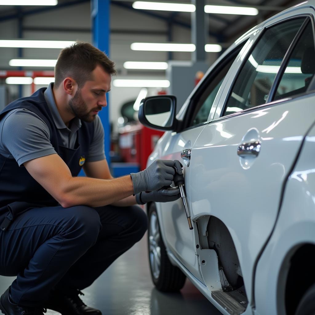 Car body repair shop in Bangor, Gwynedd showing a technician working on a damaged vehicle.