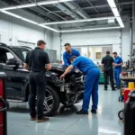 Car body repair shop in Boston with technicians working on a damaged vehicle.