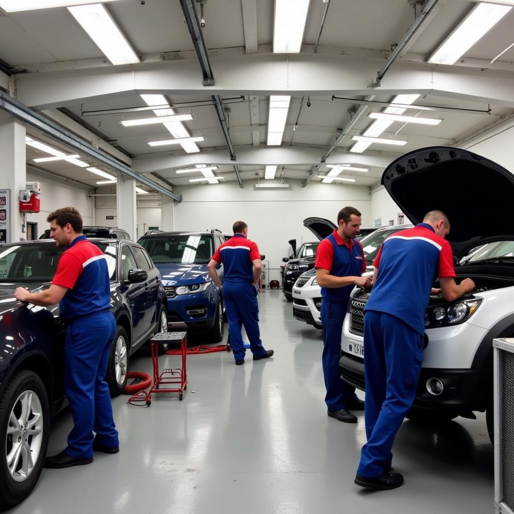 Car body repair shop in Bromsgrove with technicians working on a damaged vehicle.