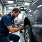 Car body repair shop in Buckingham showing a technician working on a damaged car.