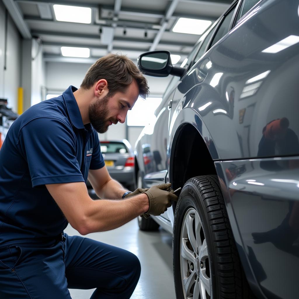 Car body repair shop in Buckingham showing a technician working on a damaged car.