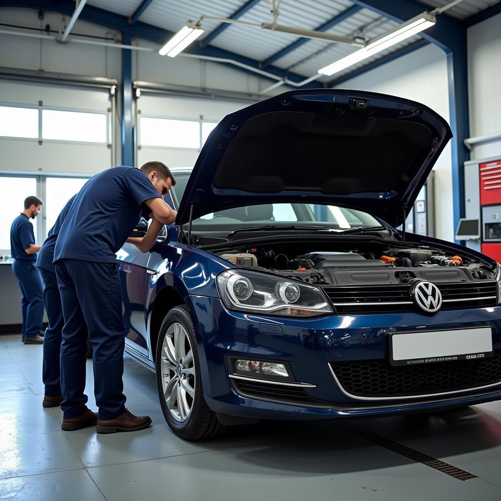 Car body repair shop in Bury Lancashire showcasing modern equipment and skilled technicians working on a vehicle.