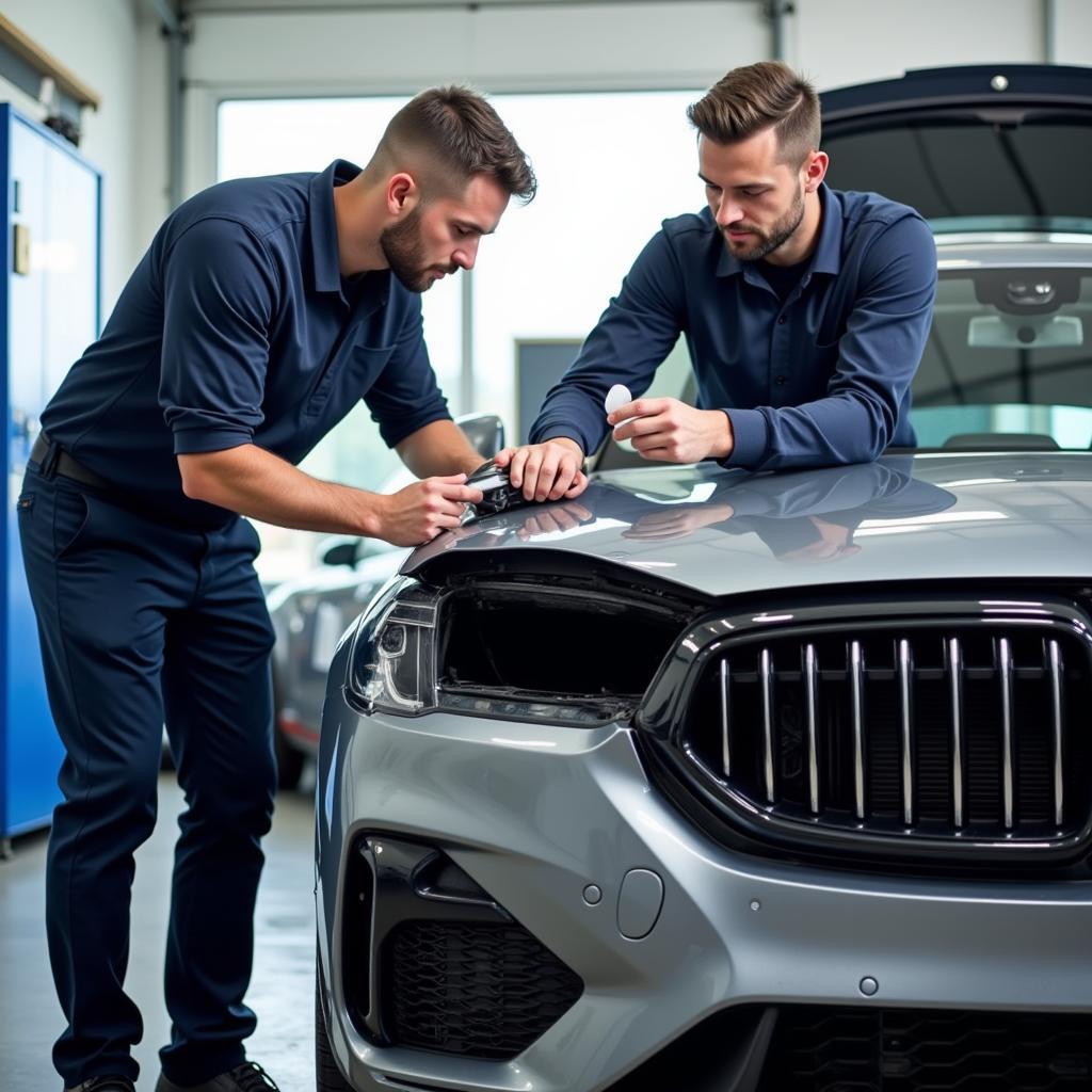 Car body repair shop in Coventry with technicians working on a damaged vehicle