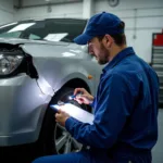 Mechanic inspecting car damage at a car body repair shop in Crawley