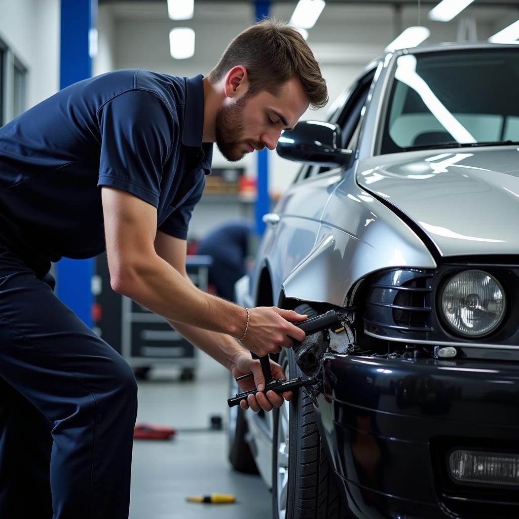 Car body repair technician inspecting damage in a Derby repair shop