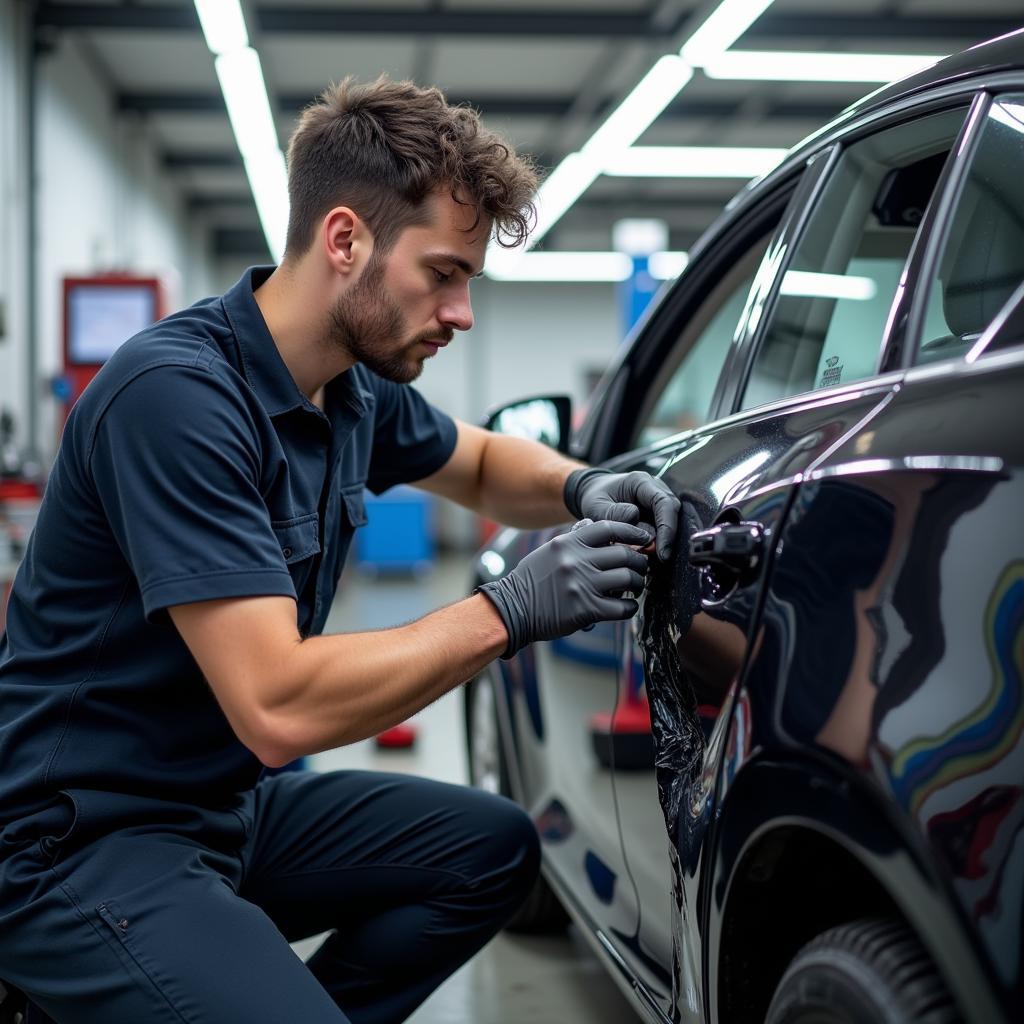 Car body repair shop in Doncaster showing a technician working on a damaged vehicle.