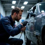 Car Body Repair Shop in Drogheda: A technician inspecting a damaged vehicle.