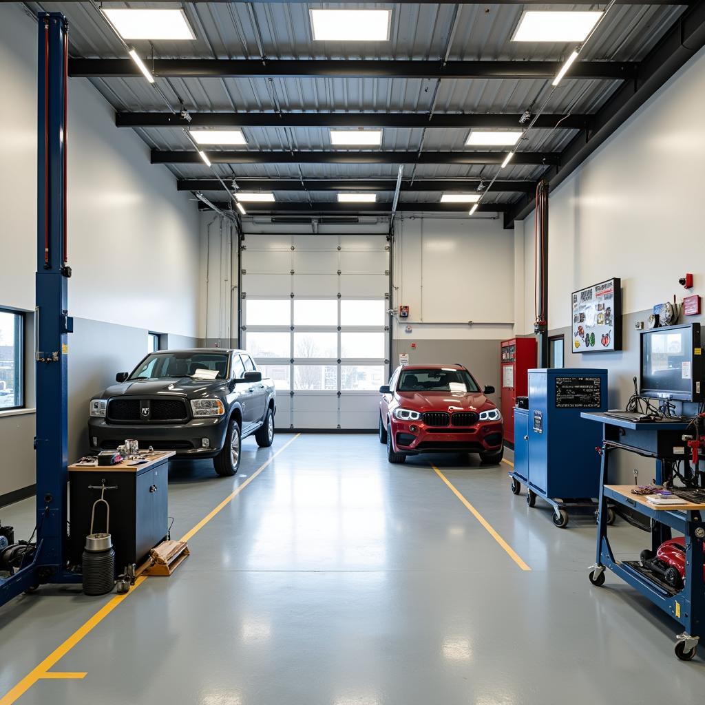 Interior view of a professional car body repair shop in Dunfermline, showcasing modern equipment.