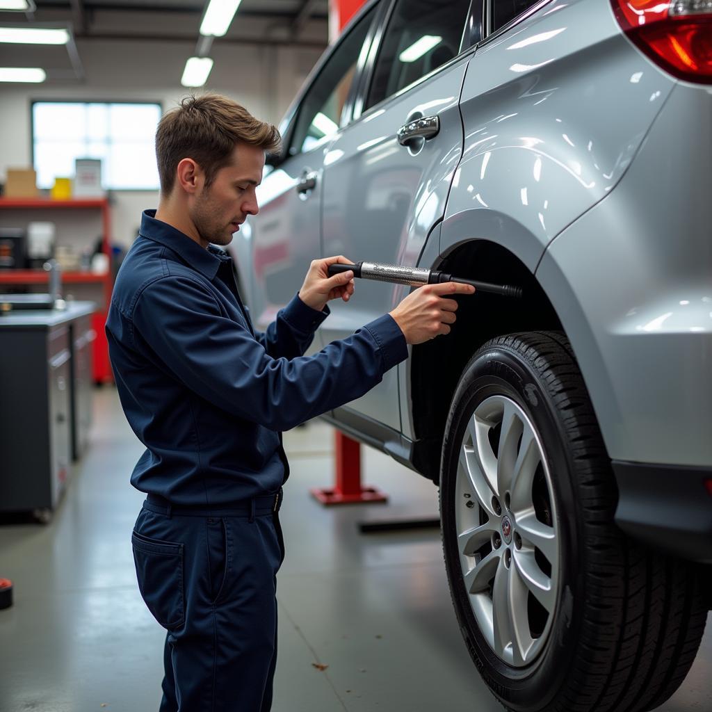 Car body repair shop in Dunmow: Technician inspecting vehicle damage.