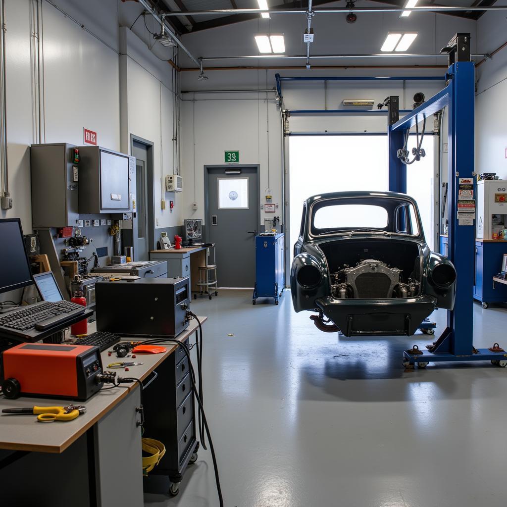 Modern equipment used in a car body repair shop, including welding tools, frame straightening machines, and paint booths.