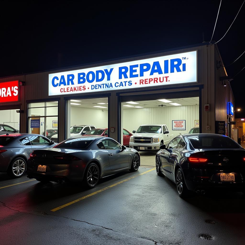 Exterior of a modern car body repair shop