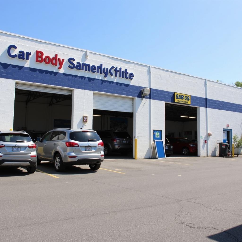 Exterior view of a modern car body repair shop with clean facilities and signage.