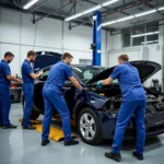 Modern car body repair shop in Ayrshire with technicians working on a damaged vehicle