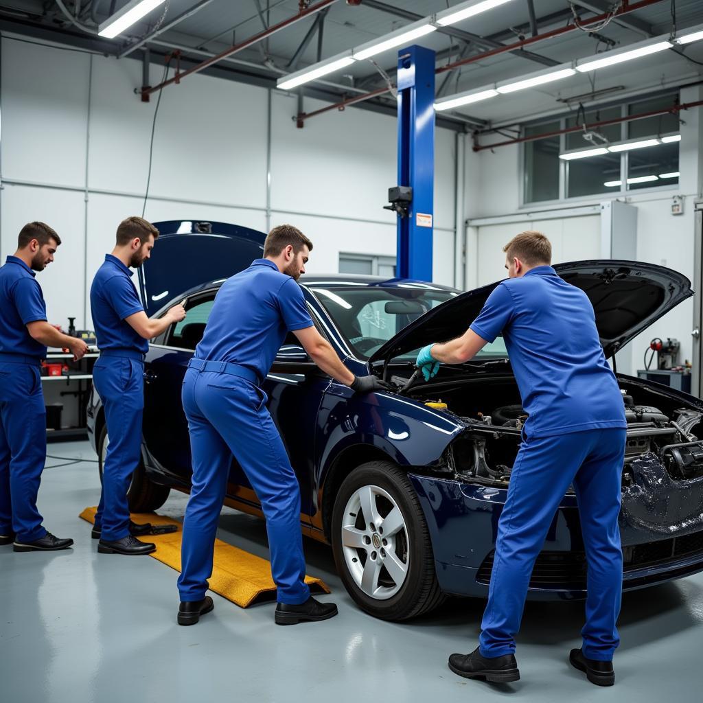 Modern car body repair shop in Ayrshire with technicians working on a damaged vehicle