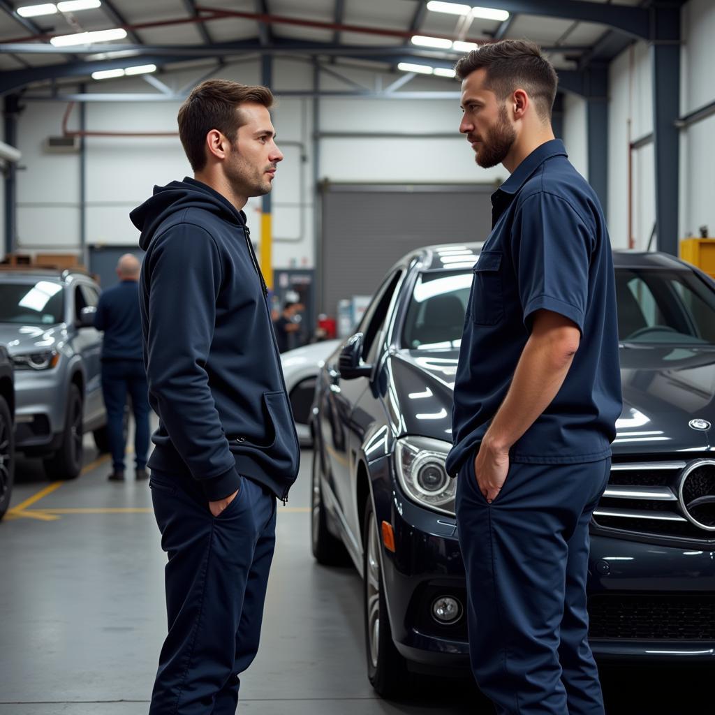 Inspecting a car body repair shop