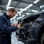 Technician inspecting car damage in a professional bodywork plus car body repair centre.