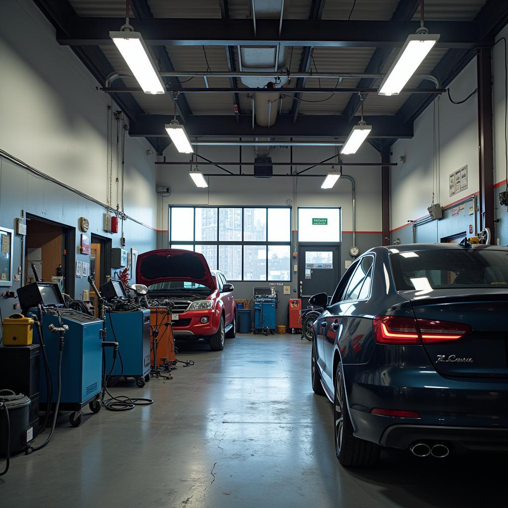 Inside a car body repair shop with various tools and equipment