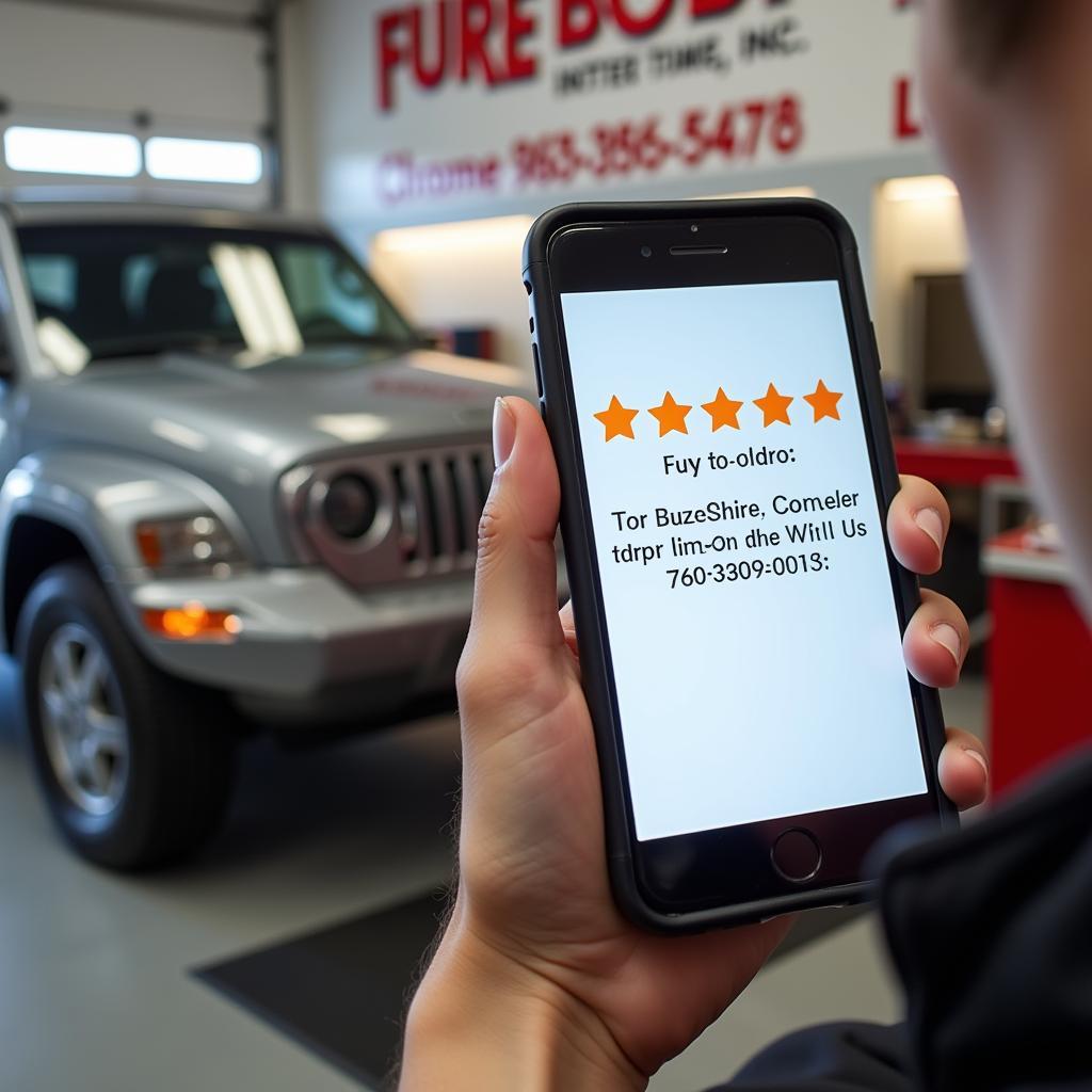 A customer leaving a positive review on their phone about a car body repair shop in Ipswich.