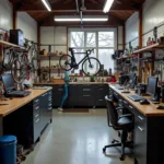 Interior view of a modern car body repair shop in Ipswich with advanced equipment