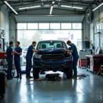 Car Body Repair Shop in Kingsbridge: A modern, well-equipped auto body repair facility with technicians working on a damaged vehicle.