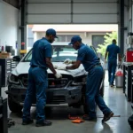 Kingston Car Body Repair Shop - Technicians Working on a Damaged Car