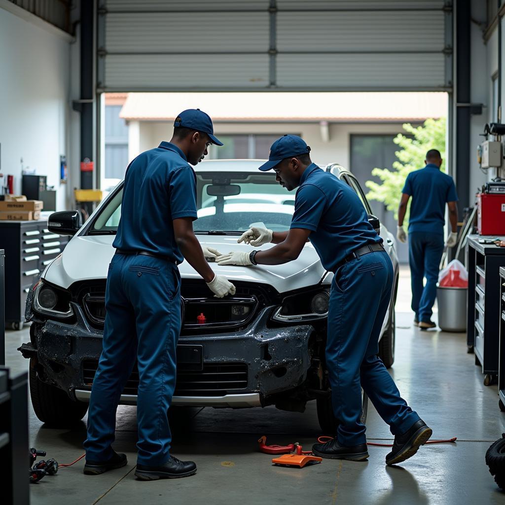 Kingston Car Body Repair Shop - Technicians Working on a Damaged Car