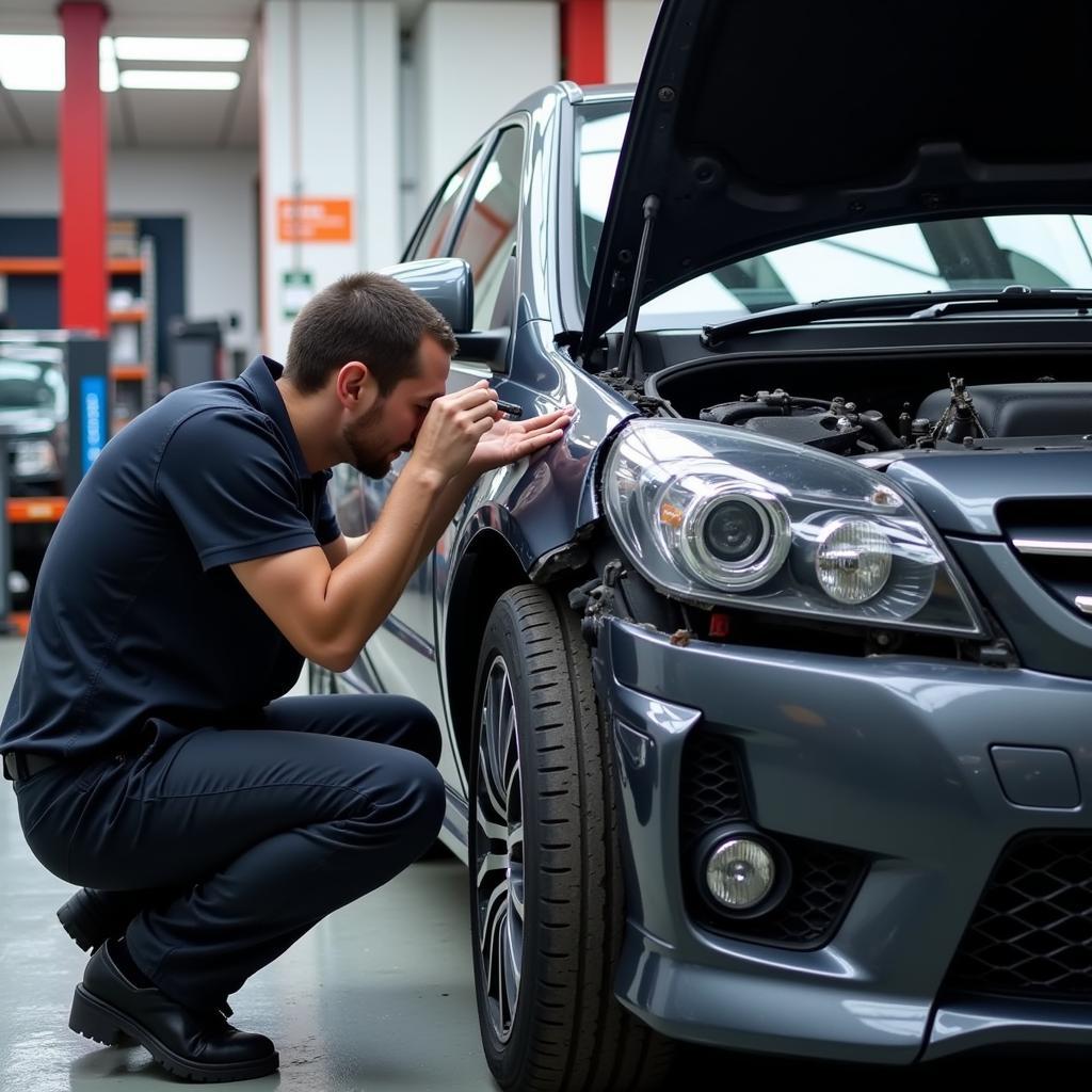 Car body repair shop in Leicestershire showing a technician working on a damaged vehicle.